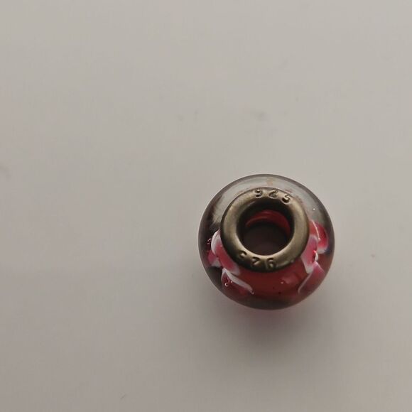 Murano Glass Flower Charm Stamped 925 Burgundy/ White - Picture 3 of 16